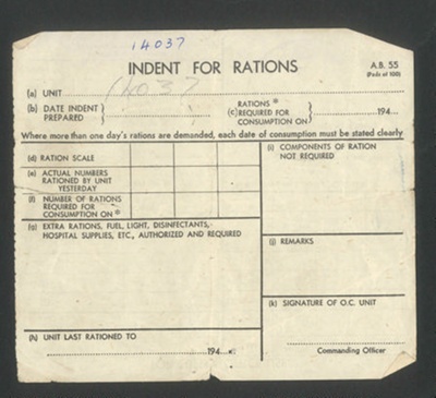R.A.F. form AB55 - indent for rations - has R.A.S.C. authorisation stamp dated June 1945; 1/06/1945; 2011