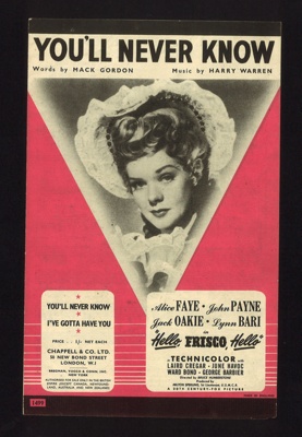 Sheet Music - "You'll Never Know" by Mack Gordon & Harry Warren - 1943; 1/01/1943; 6205 Sheet Music - "You'll Never Know" by Mack Gordon & Harry Warren - 1943; 1/01/1943; 6205
