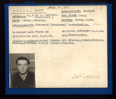 German Eden Camp P.O.W. record card - Albert Bauer - German - Dob 20/03/1924; 6568 German Eden Camp P.O.W. record card - Albert Bauer - German - Dob 20/03/1924; 6568