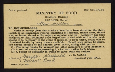 Postcard - Ministry of Food. new Milton Parish. issue of ration foods; 67890