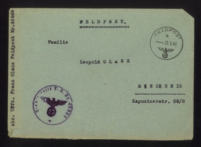 Fieldpost no 40889 postcard from uffz Franz Glanz to family Leopold Glanz 21/03/1943. postcard mentions receipt of packages, his accommodation,his cat & oaken dresser. in German with English translation. Franz Glanz a POW at Eden Camp.; 71516