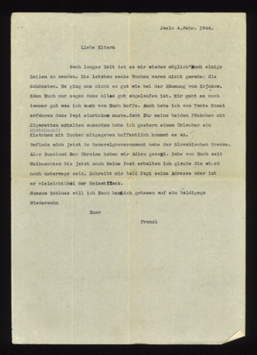 Typed letter dated 04/02/1944 sent from Franz Glanz in Jaslo, Poland to parents. Krjukow, Slovakian border, Ukranian region, Russia. in German with English translation. Franz Glanz a POW at Eden Camp.; 71522