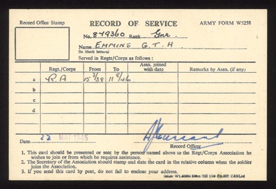 Army form w5258 - record of service - Gnr G.T.H. Emmins R.A. - 22/05/1946; 22/05/1946; 7618