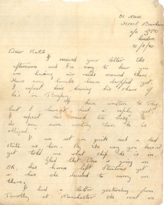 Handwritten letter from E. L. Sturgess to his sister Kath from HMS Barham - Dated 21/8/40; 83658