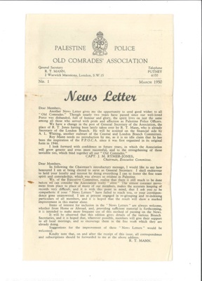Newsletter - Palestine Police Old Comrades' Association - Issue no: 1 - March 1950; 1/03/1950; 36950 Newsletter - Palestine Police Old Comrades' Association - Issue no: 1 - March 1950; 1/03/1950; 36950