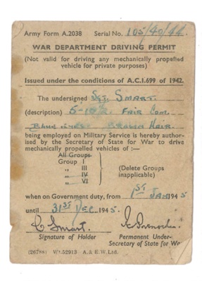 Army form A2038 - War Department Driving Permit - Sgt Smart - 01/01/1945 to 31/12/1945; 1/01/1945; 36902