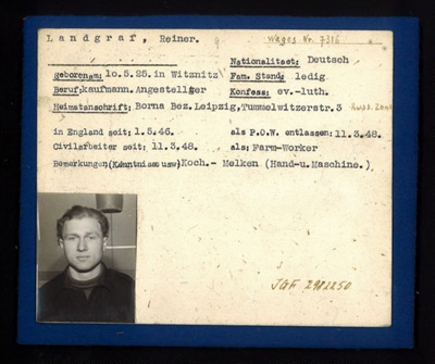 German P.O.W. record card - Reiner Landgraf - German - Dob 10/05/1925; 6585 German P.O.W. record card - Reiner Landgraf - German - Dob 10/05/1925; 6585