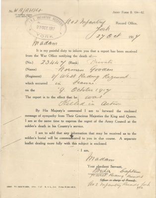 Letter Confirming the death of Norman Gooden, Dated 27th October 1917, killed on 9th October 1917
; 83934