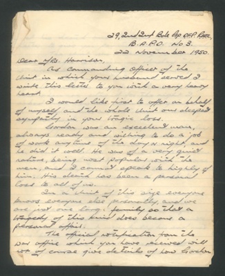 Letter - from C.O. 29th ind inf bde gp R.A.O.C. - Korea - to Mrs N. Harrison re:death of her husband L/Cpl G.B. Harrison R.A.O.C.; 34402