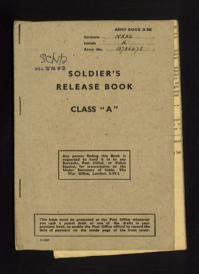 Soldier's release book. Harry Neal. pioneer Corp. Eden Camp guard 1946. C.M.D.T. Major E Holding; 66692