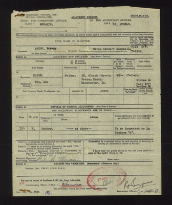 R.N. form S63 - "Allotment request" - B.S.C. Mason - "H.M.S. Rosario" - 17/04/1946; 17/04/1946; 2499 R.N. form S63 - "Allotment request" - B.S.C. Mason - "H.M.S. Rosario" - 17/04/1946; 17/04/1946; 2499