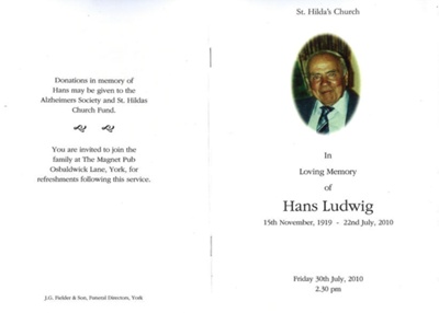Hans Ludwig funeral booklet - ex inmate of Eden Camp, POW. died 22nd July 2010 - details in h010? Romanian; 59609