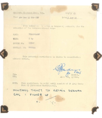 Official army letter - authority to retain captured enemy vehicle - 8 H.P. Volkswagen - 13/04/1945; 13/04/1945; 36905
