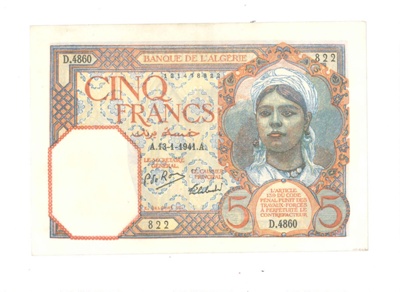 Bank note - "Bank of Algiers" 5 franc note - dated 1941; 1/01/1941; 35514