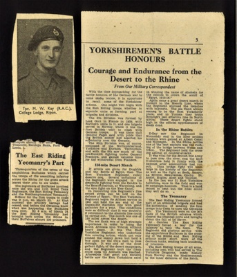 Press cuttings (3) - East Riding Yeomanry (2) & tpr M.W. Kay (R.A.c) (1); 9595