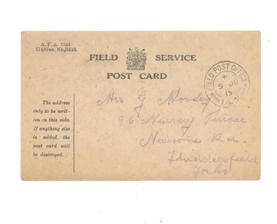 British Army WW1 field service post cards (8) - from Pte Albert Beardsell to Mosley family in Huddersfield - 1915; 1/01/1915; 37024 British Army WW1 field service post cards (8) - from Pte Albert Beardsell to Mosley family in Huddersfield - 1915; 1/01/1915; 37024