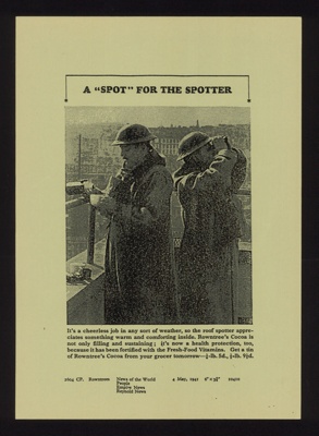 Photocopy of advert - "Rowntree's" cocoa - "A spot for the spotter" - 04/05/1941; 4/05/1941; 5070 Photocopy of advert - "Rowntree's" cocoa - "A spot for the spotter" - 04/05/1941; 4/05/1941; 5070