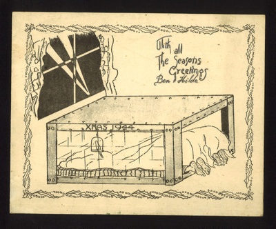 Christmas card (home made) - "Table shelter" - "With all the seasons greetings - Ben & Hilda" - 1944; 25/12/1944; 5521 Christmas card (home made) - "Table shelter" - "With all the seasons greetings - Ben & Hilda" - 1944; 25/12/1944; 5521