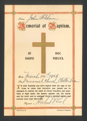 Memorial of baptism - John Hitchman - 14/03/1928 - Emmanuel Church - Cheltenham; 14/03/1928; 34432 Memorial of baptism - John Hitchman - 14/03/1928 - Emmanuel Church - Cheltenham; 14/03/1928; 34432
