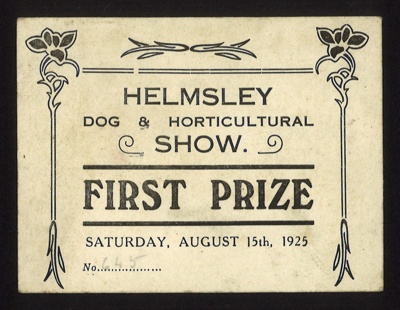 Certificate - Helmsley dog & horticultural show - first prize - 15/08/1925; 15/08/1925; 2254
