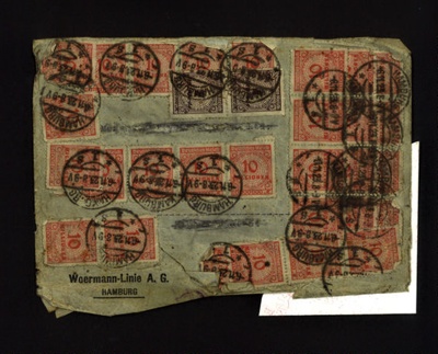 Envelope - postmarked Hamburg 06/11/1923 - cost 1500 million marks & used 101 stamps to post; 6/11/1923; 8956 Envelope - postmarked Hamburg 06/11/1923 - cost 1500 million marks & used 101 stamps to post; 6/11/1923; 8956