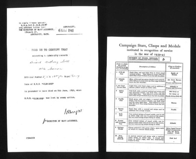 Copies of text documents & Correspondence re: Vincent Salt & "H.M.S. Glorious" - Eden Camp display board; 21/05/1996; 22282