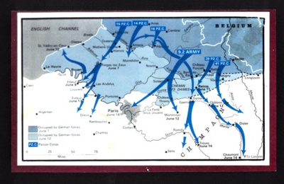 Photocopy of map - Depicting German army advance into France - June 1940; 1/06/1940; 9025 Photocopy of map - Depicting German army advance into France - June 1940; 1/06/1940; 9025