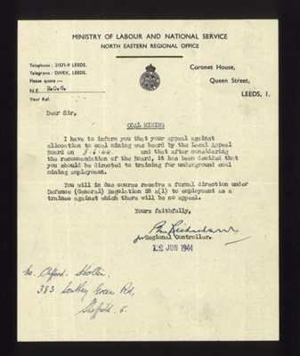 Letter - re: lost appeal against allocation to coal mining duties - Bevin boy - Mr.C. Hollin - Sheffield - 12/06/1944; 12/06/1944; 6131 Letter - re: lost appeal against allocation to coal mining duties - Bevin boy - Mr.C. Hollin - Sheffield - 12/06/1944; 12/06/1944; 6131