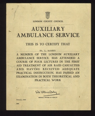 Certificate - London county council auxiliary ambulance service - awarded to Mr L. Sargent; 6837 Certificate - London county council auxiliary ambulance service - awarded to Mr L. Sargent; 6837