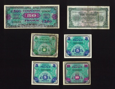 Bank notes (6) - French (5) total 72 francs (1944) & Belgian (1) 10 francs (1948); 1/01/1944; 5244