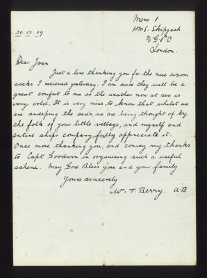Personal Letters (7) - From A.B. W.T.berry R.N.P.S. to schoolgirl Miss Joan Andrew 1939-1940; 20/12/1939; 2488