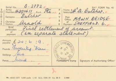 Army Pay Form No: 48 (2) & Official Receipt - Pte A. Butcher - issue of payment from May to November 1946; 1/05/1946; 38142