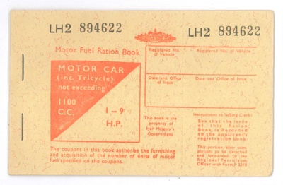 Motor fuel ration book - motor car including tricycle not exceeding 1100 C.C.; 37199 Motor fuel ration book - motor car including tricycle not exceeding 1100 C.C.; 37199