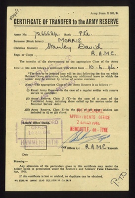 Certificate- 'Certificate of transfer to the army reserve' issued to a 'Stanley David Morris' dated 10.06.1946; 78800
