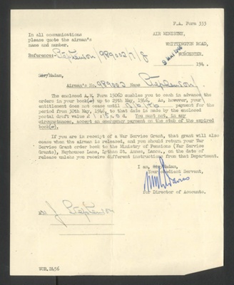 R.A.F. forms (2) re: final pay & allowances on leaving the R.A.F. - John Stephenson - 09/05/1946; 9/05/1946; 34397