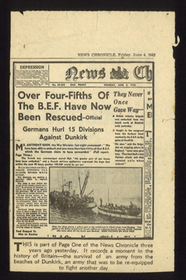 Press cutting - "Over four-fifths of the B.E.F. have now been rescued" - Dunkirk evacuation - 04/06/1943; 4/06/1943; 6124 Press cutting - "Over four-fifths of the B.E.F. have now been rescued" - Dunkirk evacuation - 04/06/1943; 4/06/1943; 6124