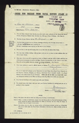 R.N. form S1586(a) - order for release from naval service (class a) (men) - A.B. Peter W. Staton P/JX 388195 "H.M.S. Gosling" - 08/08/1946; 8/08/1946; 6338