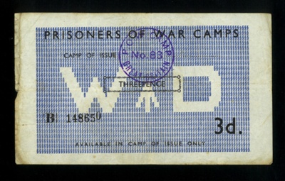 Prisoners of War camp monetary token - value 3d - P.O.W. Camp 83 - Eden Camp - Old Malton - 15/08/1945; 15/08/1945; 5968