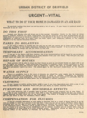 Leaflets - 'Urgent - Vital - What To Do If Your Home Is Damaged In An Air Raid - Driffield Urban Council; 83732