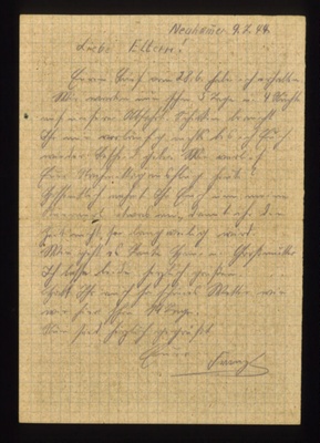 Handwritten letter from Franz Glanz to parents with letter to sister on reverse. dated 09/07/1944 Neuhammer. in German with English translation. Franz Glanz a POW at Eden Camp.; 71527
