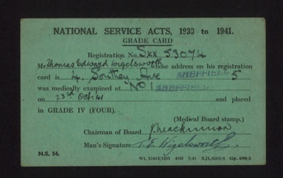 Army form N.S. 54 - National Service medical examination grade card - T.E. Wigelsworth - 23/10/1941; 23/10/1941; 6444