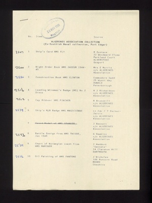 Algerines Association information & Collection list - contains names - addresses & memorabilia reference numbers of Algerine Association donators; 2546