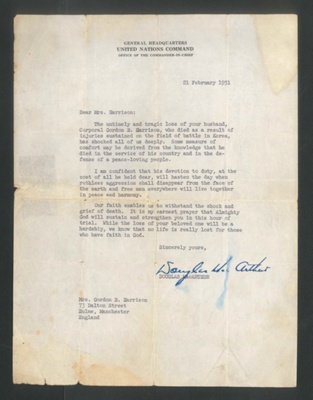 Letter - condolences from general Douglas MacArthur to wife of L/Cpl B.Harrison R.A.O.C. killed in Korea 13/11/1950; 21/02/1951; 34400