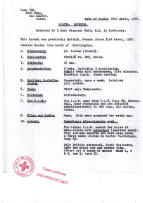 Report about hostel: Buckton from 24 April 1947. Eden Camp POWs. from ICRC (Red Cross). photocopy; 64029
