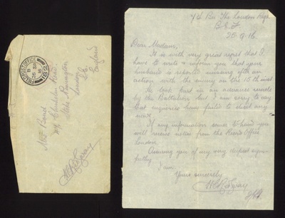 Letter - from 7th Bn the London Regiment re: soldier Pte E.N. Bond missing in action 15/09/1916; 15/09/1916; 7612