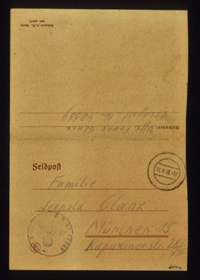 Handwritten fieldpost letter dated 11/09/1943 from Franz Glanz to his parents. in German with English translation. Franz Glanz a POW at Eden Camp.; 71521