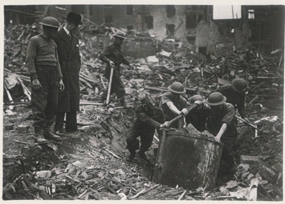 Copied official press photograph - Pioneers clear away debris from air raid in London; 41702 Copied official press photograph - Pioneers clear away debris from air raid in London; 41702