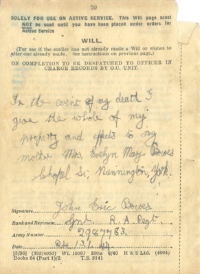 Page from Army Pay Book 64 - Last Will & Testament of Gnr John Eric Bowes R.A. - 24/03/1944; 24/03/1944; 38110