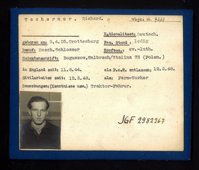 German P.O.W. record card - Richard Tscherner - German - Dob 09/04/1925; 6600 German P.O.W. record card - Richard Tscherner - German - Dob 09/04/1925; 6600