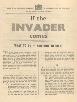 Information leaflet - "If the Invader comes" - "What to do and how to do it" - June 1940; 1/06/1940; 37926